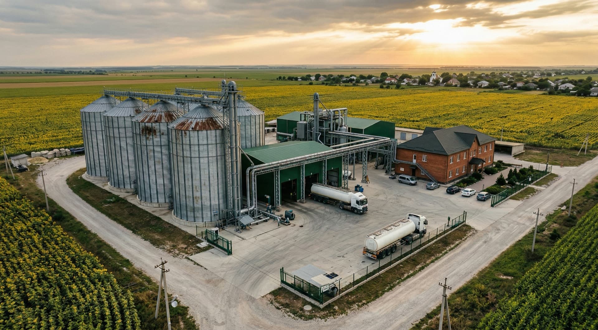 Aerial view of ALIONEXAGRO SRL vegetable oil production facility with silos in Moldova
