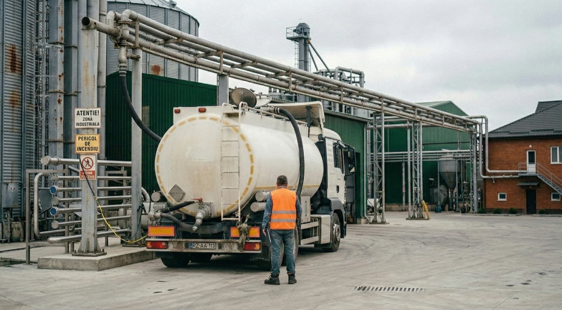 Tanker truck loading vegetable oil at ALIONEXAGRO SRL facility yard